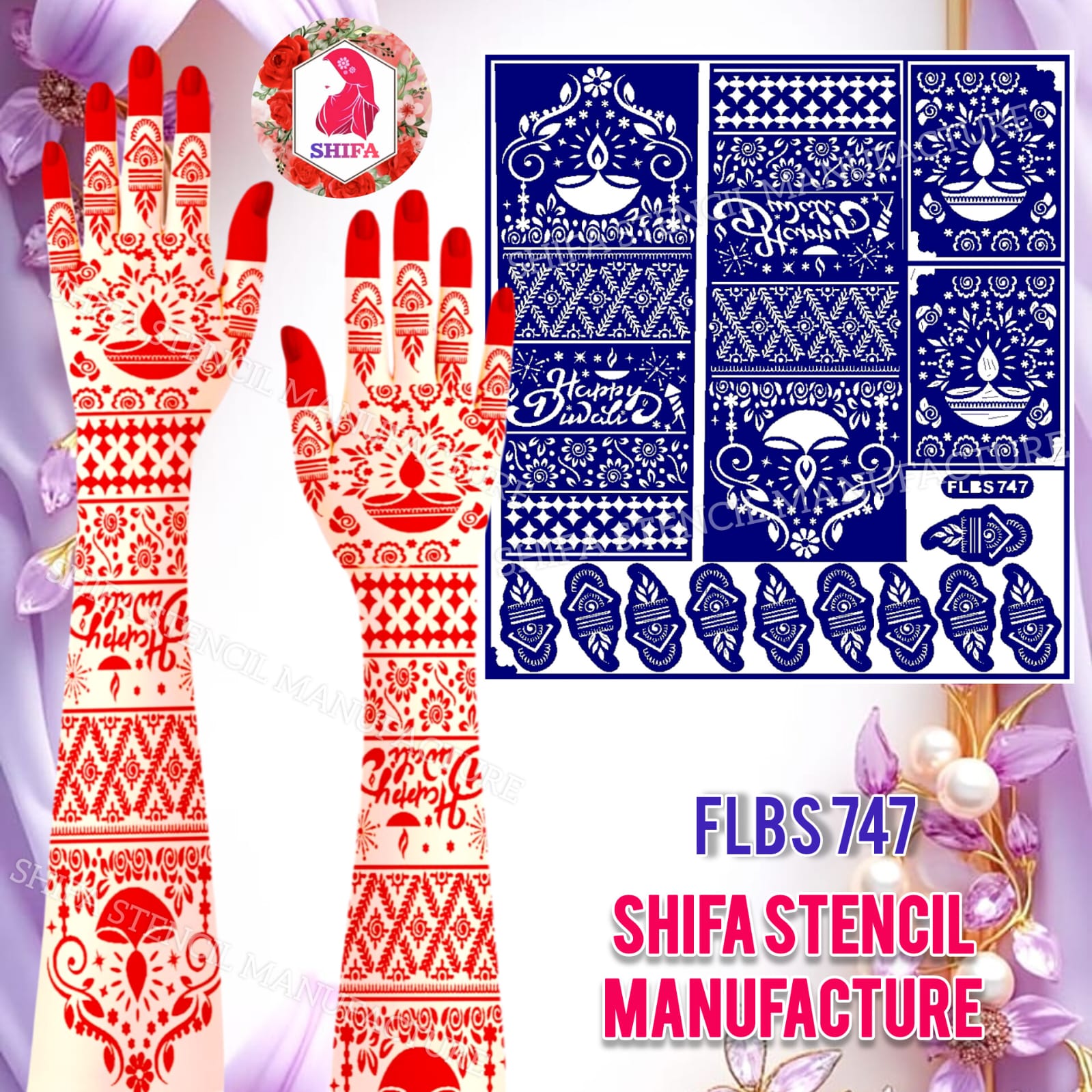 FLBS 747 Grand Diwali Celebration Art Sticker overview Henna Stencil - Shifa Stencil